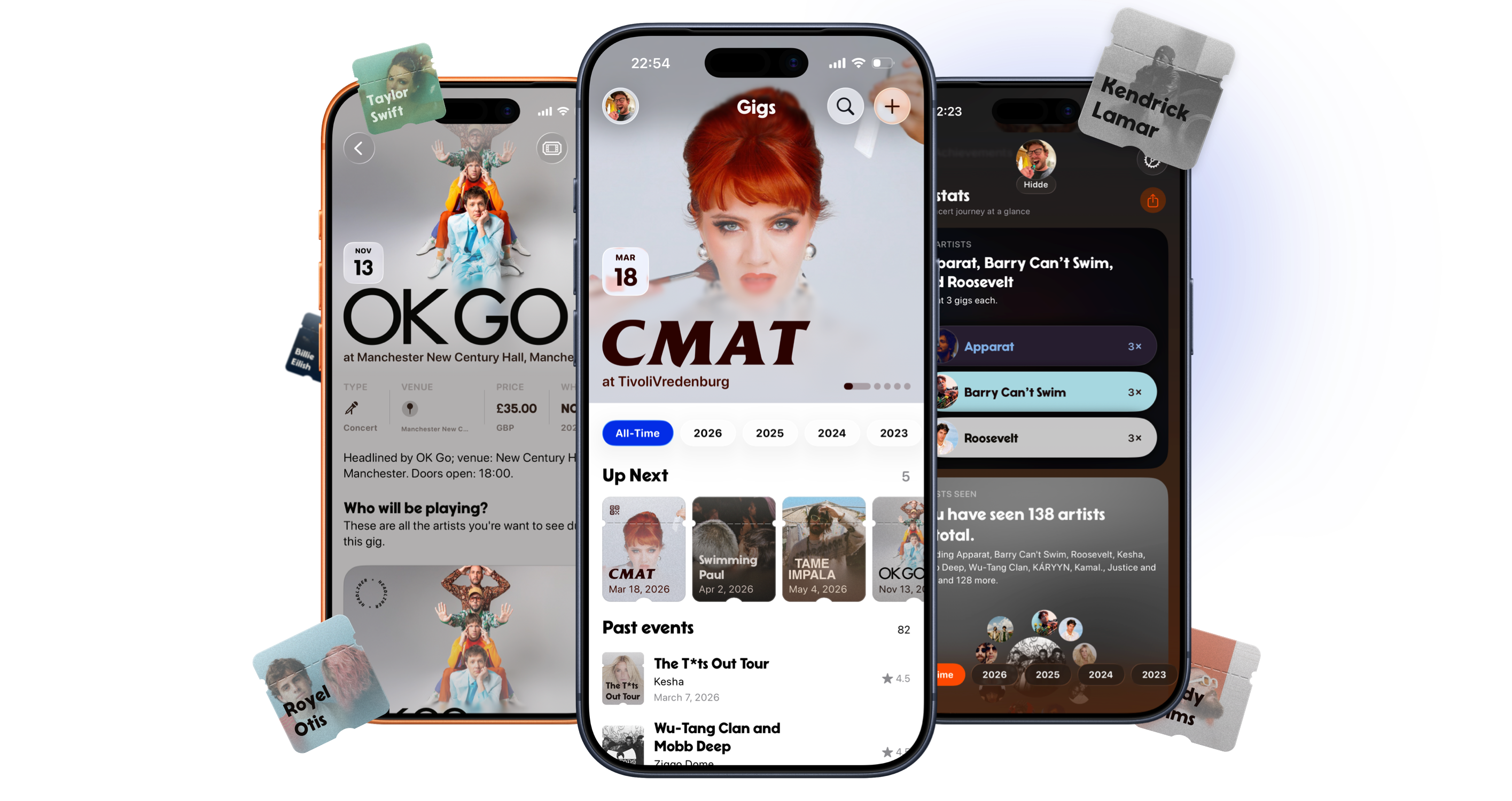 Gigs concert tracking app on iPhone: home, event details, and statistics