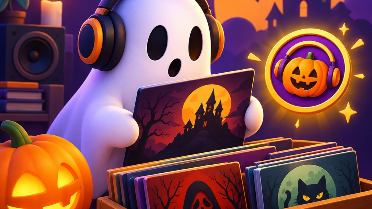 A friendly ghost wearing headphones browses spooky albums beside a glowing pumpkin and a pumpkin headphone badge.