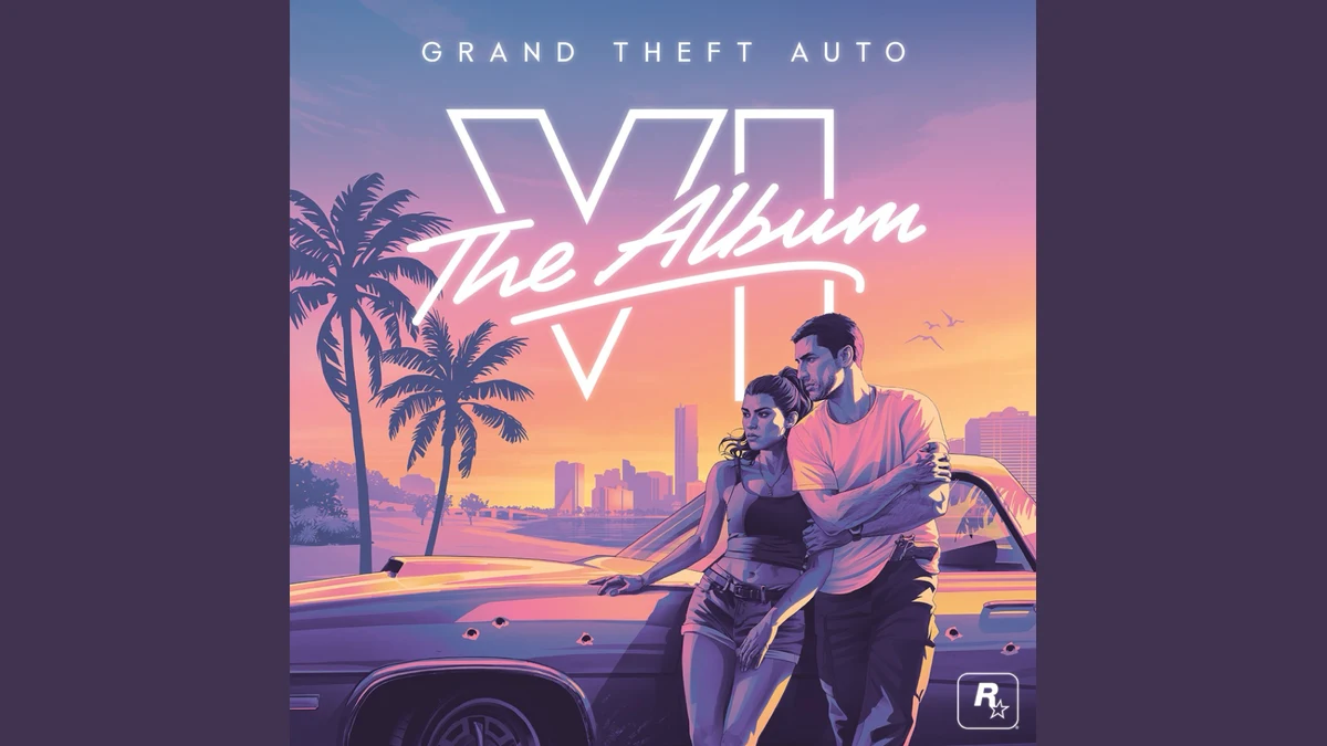 Grand Theft Auto VI The Album artwork with Jason and Lucia beside a car under a pink and purple sky.