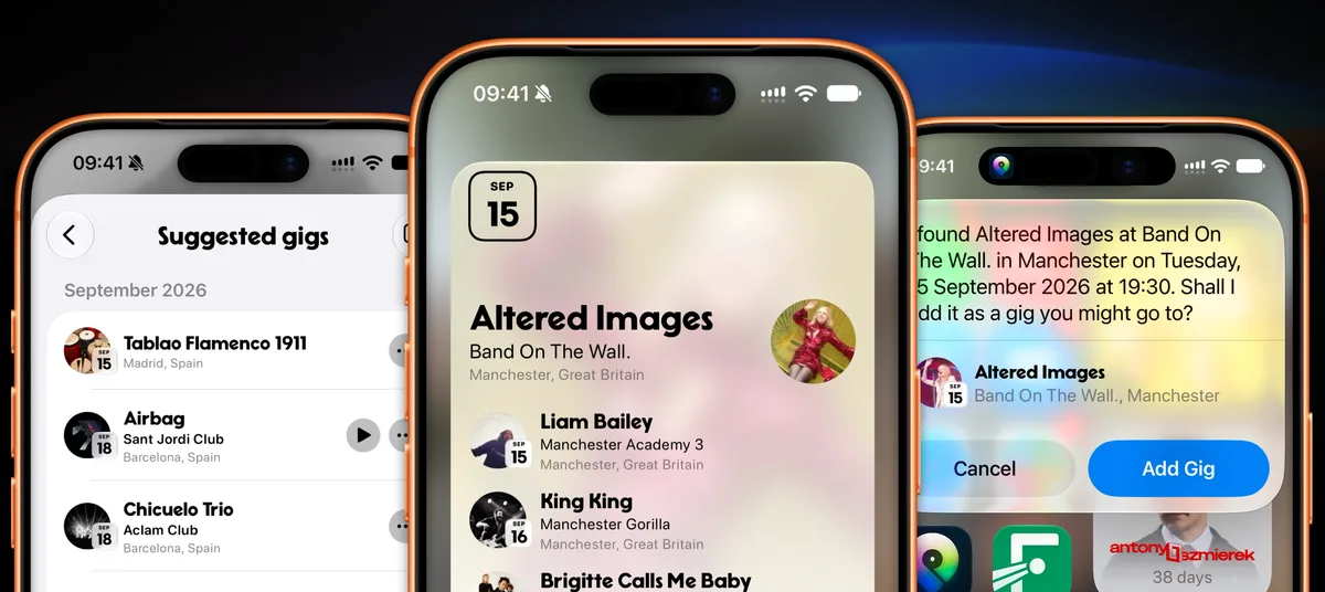 Suggested gigs in Gigs: Concert Tracker, including a Siri recommendation for Altered Images in Manchester