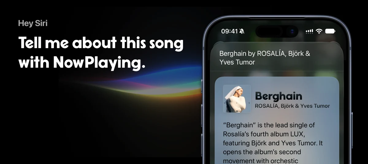 Siri showing NowPlaying details for Berghain by Rosalía, Björk, and Yves Tumor